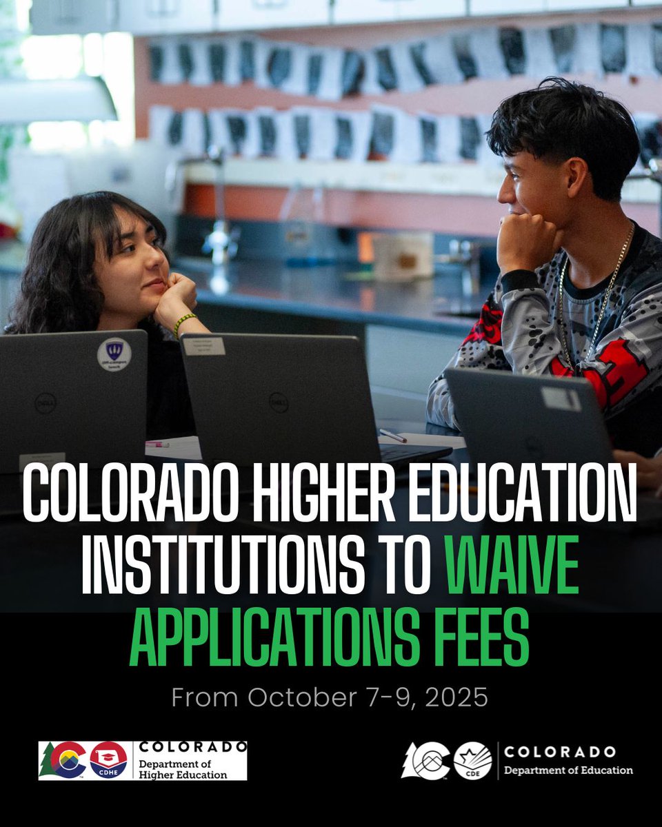 codepted's tweet image. Today is the last day to apply to college in Colorado for free! October 9 is the last day of Free App Days, where all 32 public colleges and universities in Colorado and several private institutions will waive their application fees. cdhe.colorado.gov/cofreeappdays