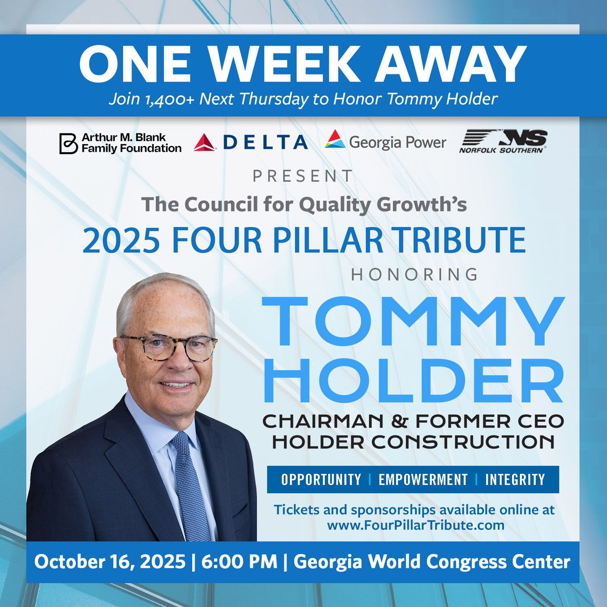 ONLY ONE WEEK LEFT until the 2025 Four Pillar Tribute honoring Tommy Holder. Don't miss out on your chance to join 1,400+ to celebrate on October 16th at the Georgia World Congress Center.

Tickets &amp; Sponsorships available at fourpillartribute.com