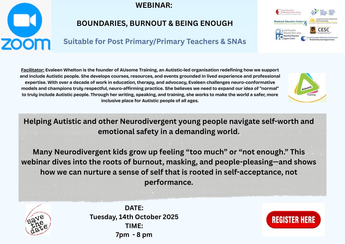 cork_cesc's tweet image. Join Evaleen Whelton for Boundaries, Burnout &amp;amp; Being Enough — a webinar on self-worth, masking &amp;amp; healing from burnout.

Helping Autistic &amp;amp; Neurodivergent young people feel safe, valued &amp;amp; enough.
🔗cesc.ie/cpd-courses/pr…
#Neurodiversity #AutisticCommunity