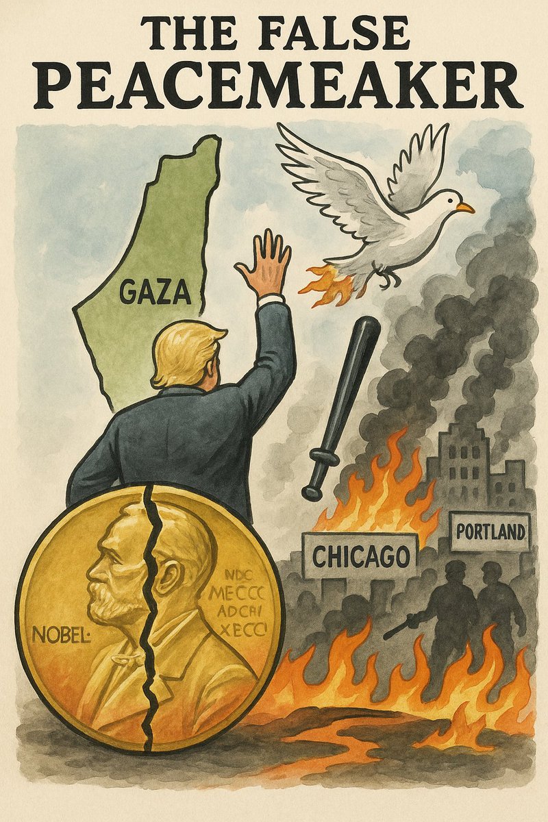 AdamKinzinger's tweet photo. Trump’s Gaza deal may bring a welcome pause to years of bloodshed — but let’s be clear: one ceasefire doesn’t make him a peacemaker.
While he chases a Nobel Prize abroad, he’s been stoking violence at home.
Peace isn’t a brand. It’s a character test. (Link in Reply) https://t.co/0I2xKKp5Rb