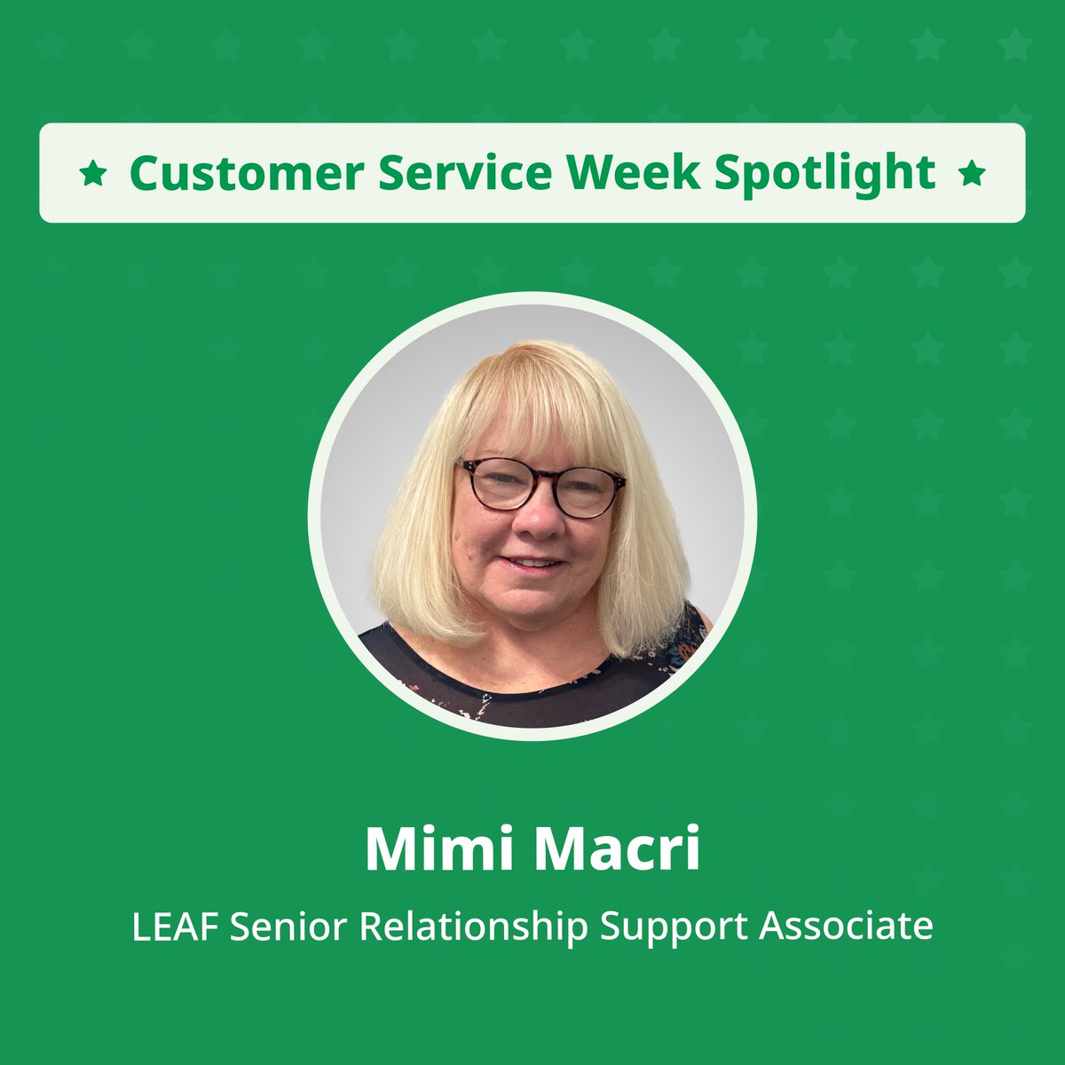 LEAFCommercial's tweet photo. We’re still celebrating #CustomerServiceWeek, and today we’re recognizing Mimi Macri! Her attention to detail, collaborative spirit, and positive attitude make her more than just a teammate – she’s a mentor, a friend, and a pillar of strength.

#LEAFDifferenceMaker https://t.co/pqarwAKZDp