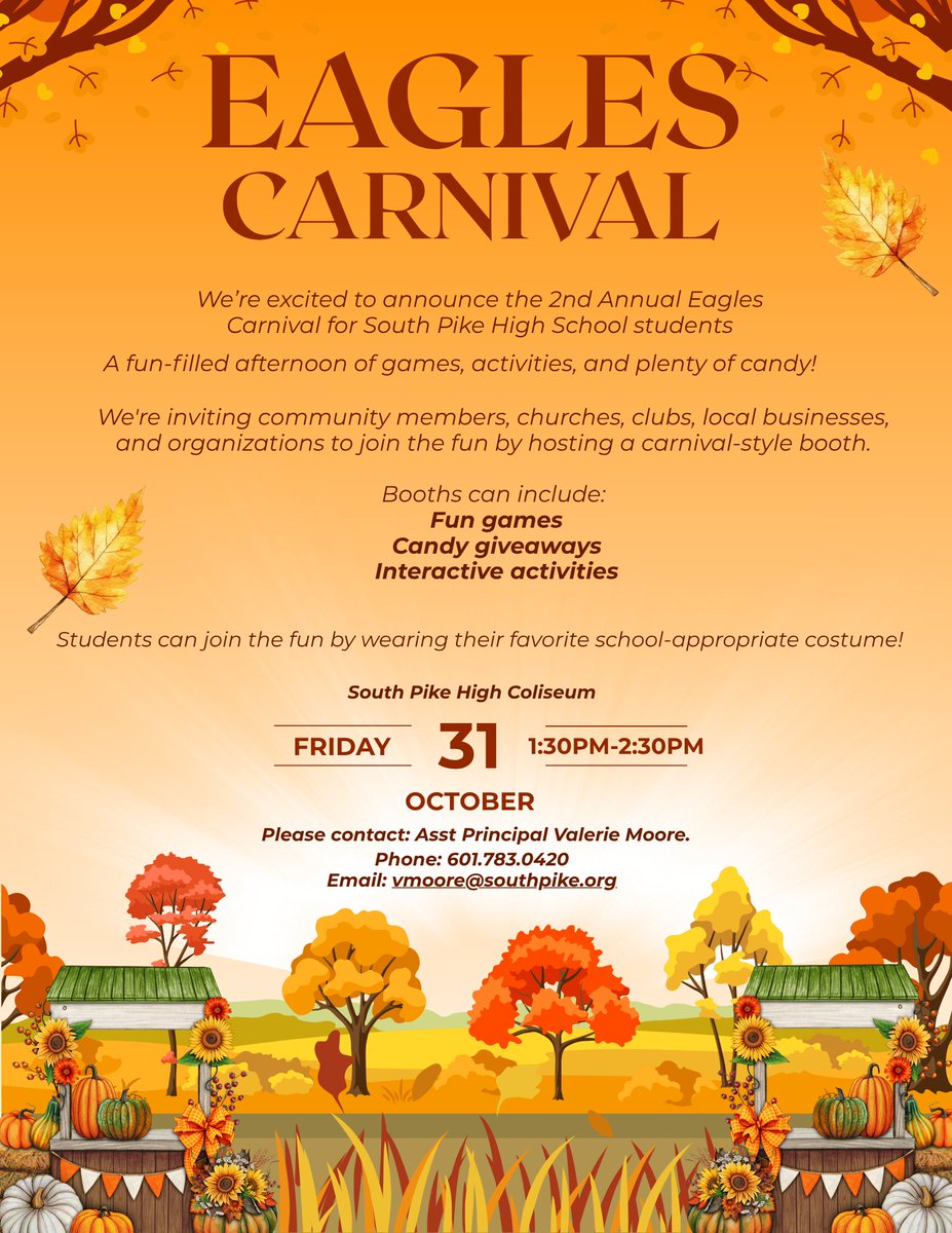 🎪 Excited for the 2nd Annual Eagles Carnival at South Pike High! Join us on Oct 31, 1:30-2:30 PM for games, activities, and candy! Community booths welcome. Contact Asst. Principal Moore for details. #EaglesCarnival edl.io/n2119164