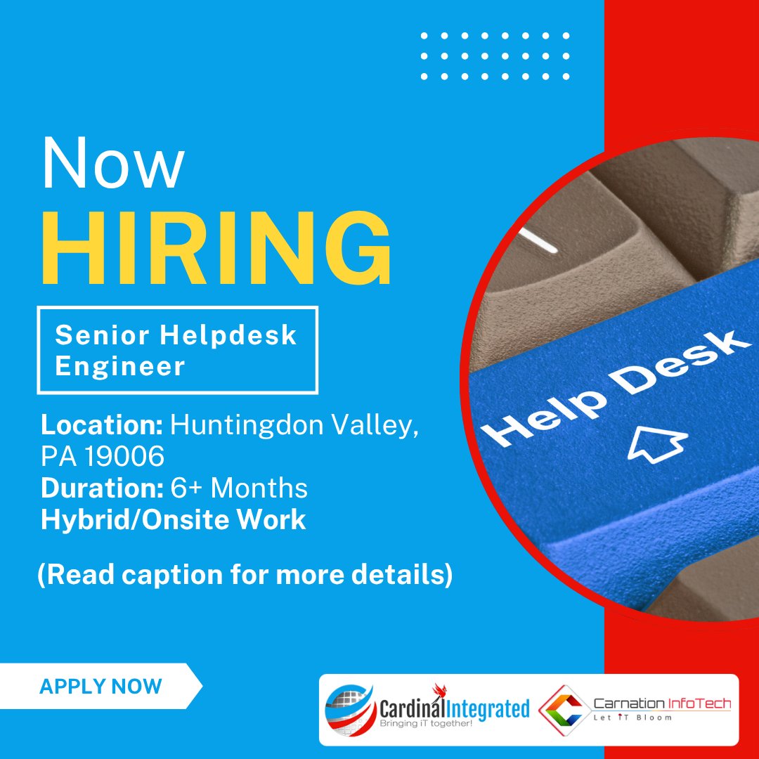 Int_Cardinal's tweet image. #WeAreHiring
➡️VoIP/Telecom Administrator
Location: Poughkeepsie, New York(Day 1 Onsite)
Duration: 6 - 12+ Months
Interview: In-person interview needed
Tax – W2 Only / NO OPT
➡️Senior Helpdesk Engineer
Location: Huntingdon Valley, PA 19006
Duration: 6+ Months
Hybrid/Onsite Work