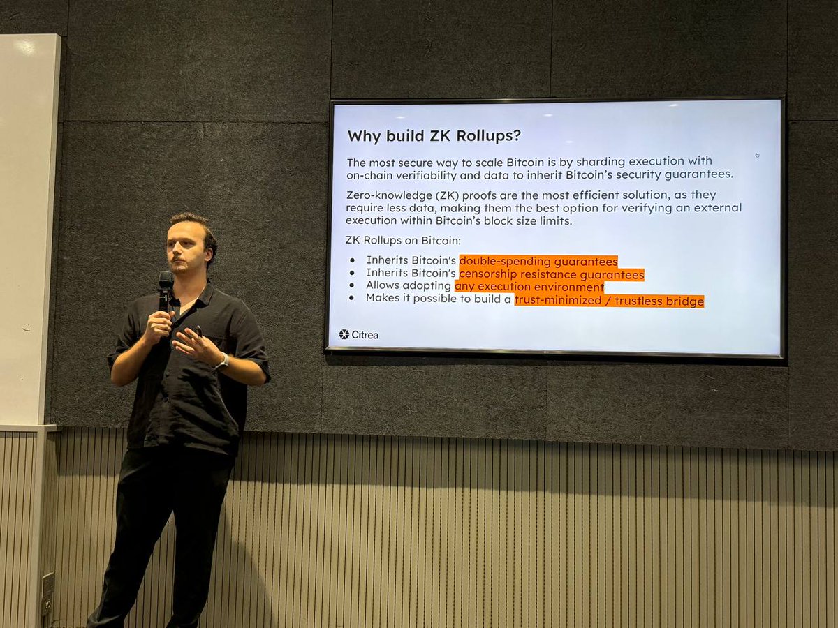 citrea_xyz's tweet image. Yesterday, Citrea Co-Creator &amp;amp; CEO @0x_orkun joined the October @ETHKL1 Meetup at Asia Pacific University in Kuala Lumpur!

He presented &quot;Pushing the Limits of Bitcoin: ZK Rollups, Today,&quot; covering what ZK Rollups are, how they work on Bitcoin, and what we&apos;re building at Citrea.