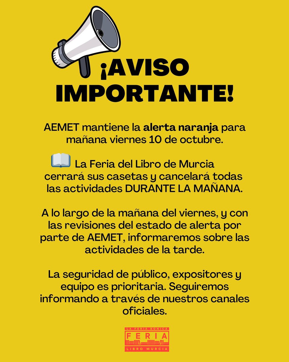 Iremos actualizando durante las próximas horas. Esta tarde los actos siguen tal y como estaban previstos. Mucho cuidado, lectores 📚#FLM2025 #laferiabonica