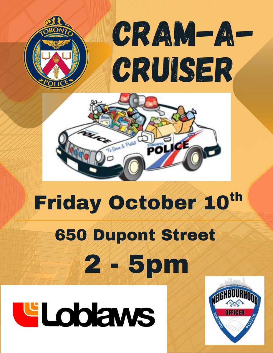 TPS14Div's tweet photo. ๐ Letโs Cram a Cruiser! ๐
Join @TorontoPolice & @Loblaws for a food drive to support local families.
๐
Fri, Oct 10
๐ 2โ5 PM
๐ 650 Dupont Street
Bring non-perishables & help us fill a cruiser! ๐
#CramACruiser #Loblaws #TPSCommunity #FoodDrive https://t.co/Y3dENWg6XU