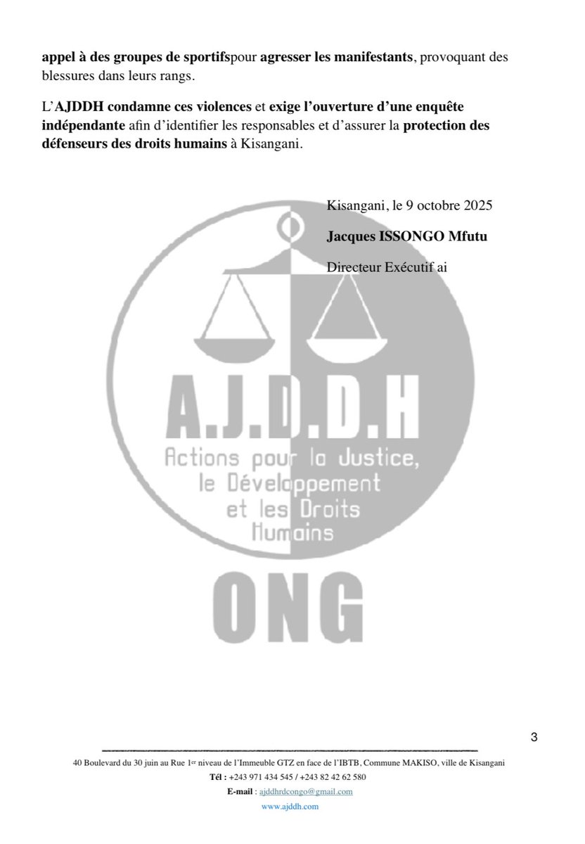 CONDAMNATION ARBITRAIRE DE <a href="/jedidia_mabela/">Jedidia Mabela</a>, Directeur Exécutif AJDDH : Un procès marqué par des irrégularités graves.
L’essentiel de notre point de presse de ce jeudi 9 Octobre 2025 à Kisangani⤵️