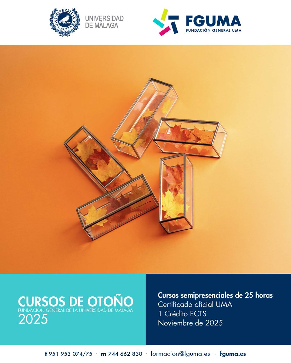 ¿Te gustaría aprender un poquito más? 🤗 La <a href="/fguma/">Fundación General UMA #FGUMAcontigo</a> te propone 62 #Cursos de Otoño🍁 con los que mejorar tu especialización.

🗓️ Noviembre de 2025
1⃣ crédito ECTS
⭐️ Para comunidad UMA y usuarios externos

ℹ️ fguma.es/cursos-otono/
