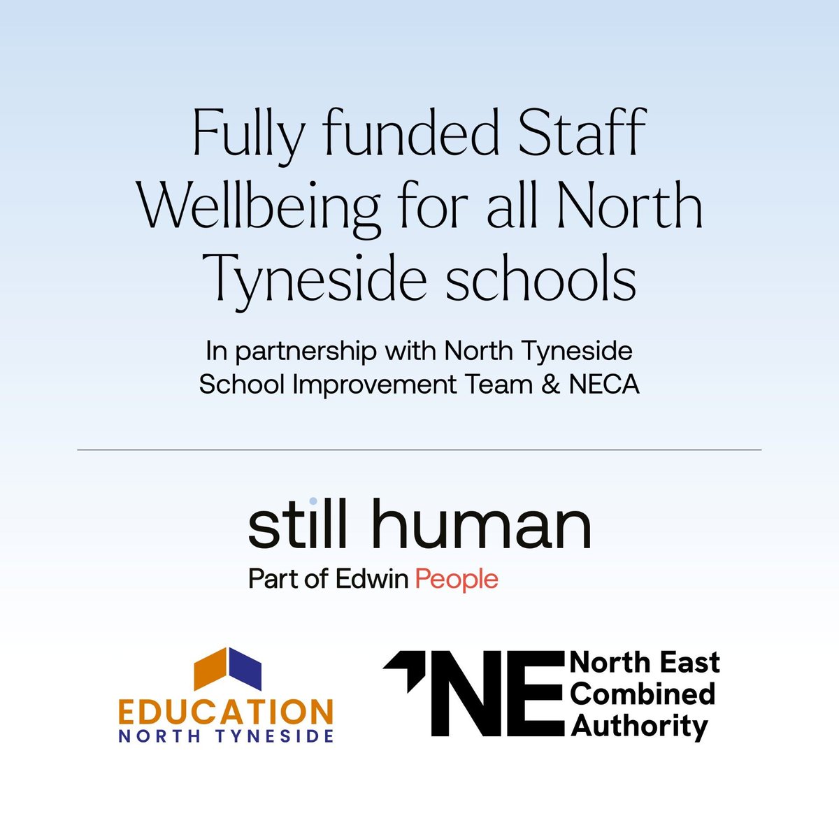 🚨 Big news for North Tyneside schools!

Still Human + Education North Tyneside (funded by NECA) launch a fully funded staff wellbeing programme 💙

Starts Nov. Includes training, workshops + app access.
Find out more 👉 buff.ly/ZjwFhL7 

#StaffWellbeing #NECA #StillHuman