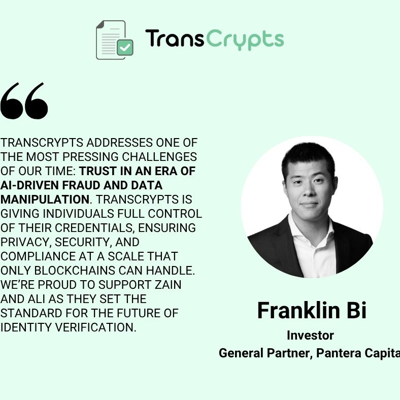 transcrypts_'s tweet image. TransCrypts has raised $15M to build the future of on chain verification. Consumer empowered credentials verified on chain is the only way to create trust for digital interactions in the age of AI. We already work with over 500 enterprises and are only getting started