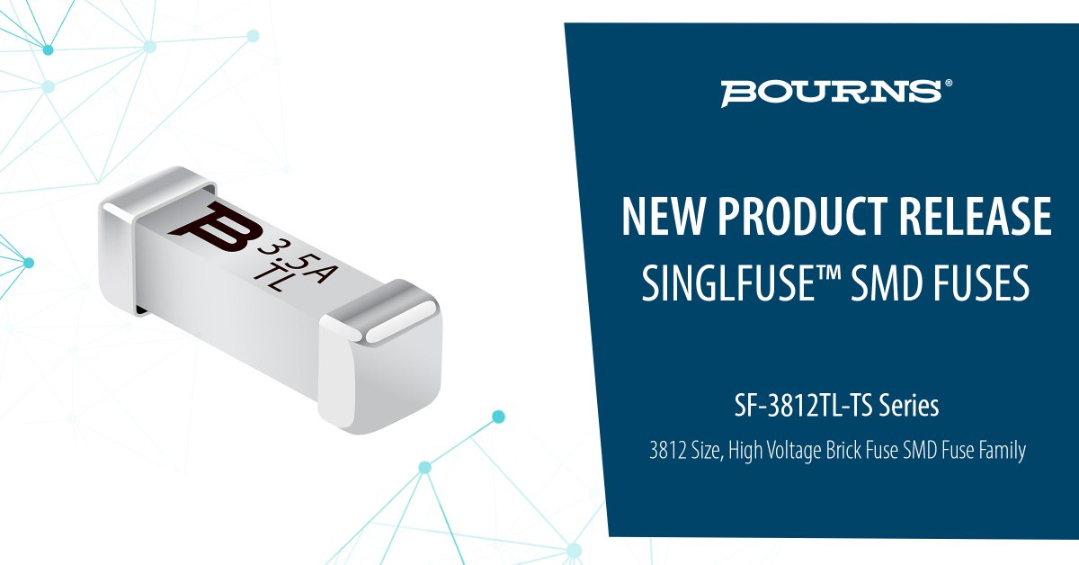 Bourns's tweet image. ENHANCED PROTECTION: New SF-3812TL-TS SinglFuse™ SMD Fuses deliver high-voltage brick fuse protection in 3812 size. Up to 50A interrupting capability with UL/IEC compliance for Industrial, Medical, Telecom &amp;amp; Power Management apps! bourns.co/4h8CSf4 #CircuitProtection
