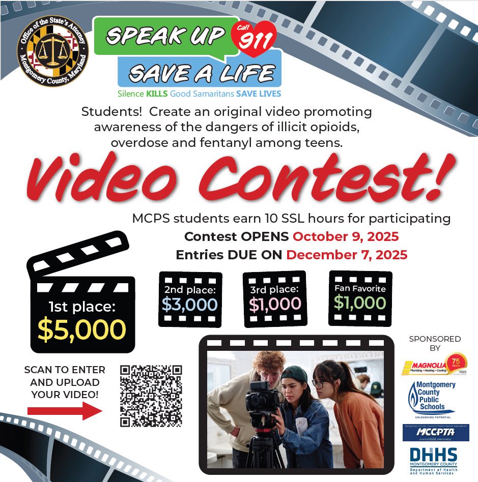MCPS's tweet image. The Speak Up, Save a Life Student Video Contest is now OPEN 🎬
Students in grades 6–12 can submit a video to raise awareness on the dangers of drugs.
🗓️ Entries due: Dec. 7
👉 Learn more: mcpsmd.info/46DzOE9