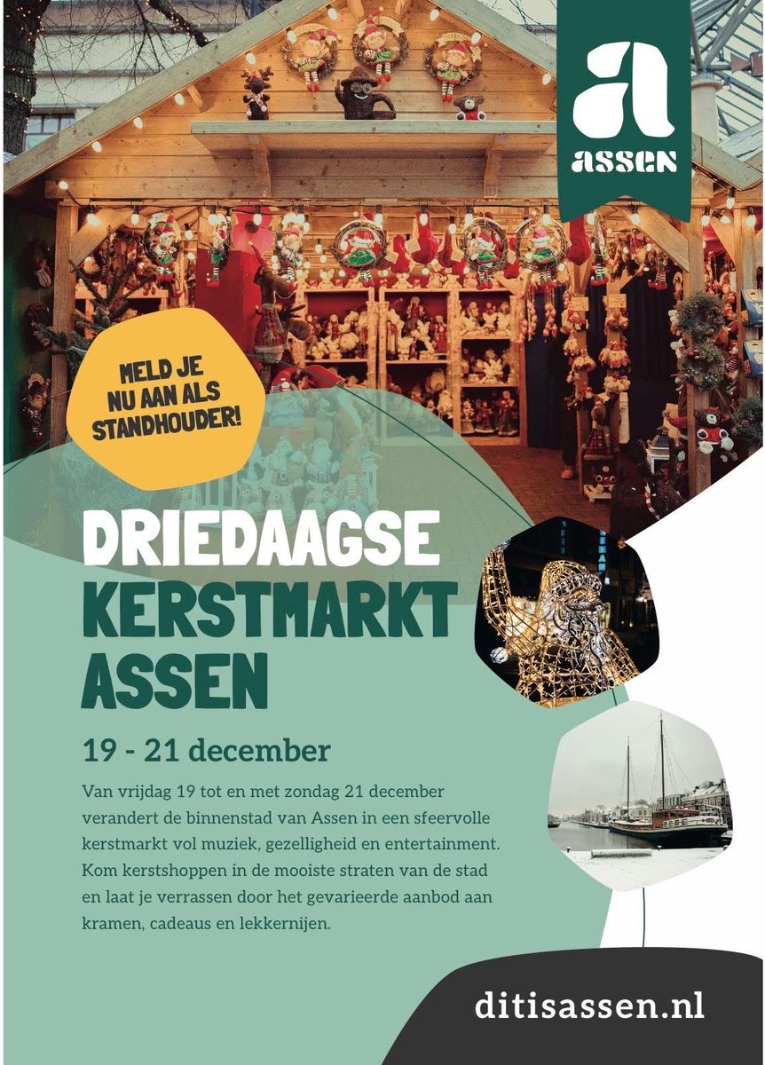 Centrummanager.com (@edwinmkb) on Twitter photo Assen 19 /20 en 21 december in winterse sferen🎄.
Een drie daagse kerstmarkt in de hoofdstad van Drenthe. Vele kramen door de gehele binnenstad van Assen. Uiteraard met een ijsbaan, activiteiten, muziek 🎵 en veel gezelligheid . Aanmelden? Organisatieburo Wildro info@wildro.nl Assen 19 /20 en 21 december in winterse sferen🎄.
Een drie daagse kerstmarkt in de hoofdstad van Drenthe. Vele kramen door de gehele binnenstad van Assen. Uiteraard met een ijsbaan, activiteiten, muziek 🎵 en veel gezelligheid . Aanmelden? Organisatieburo Wildro info@wildro.nl