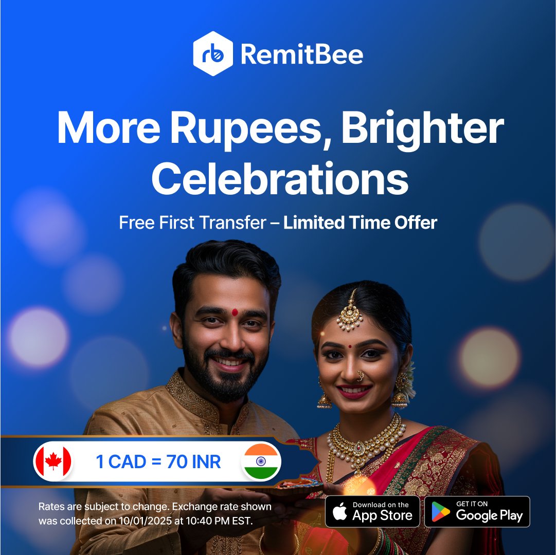 remitbee's tweet image. Light up this Diwali with brighter savings! 

🔹 1 CAD = 70+ INR
🔹 Free transfers when you send $500+
🔹 Instant delivery, safe &amp;amp; guaranteed

Send love, not just money 💙

remitbee.com/send-money-to-…

#diwali #diwali2025 #happydiwali