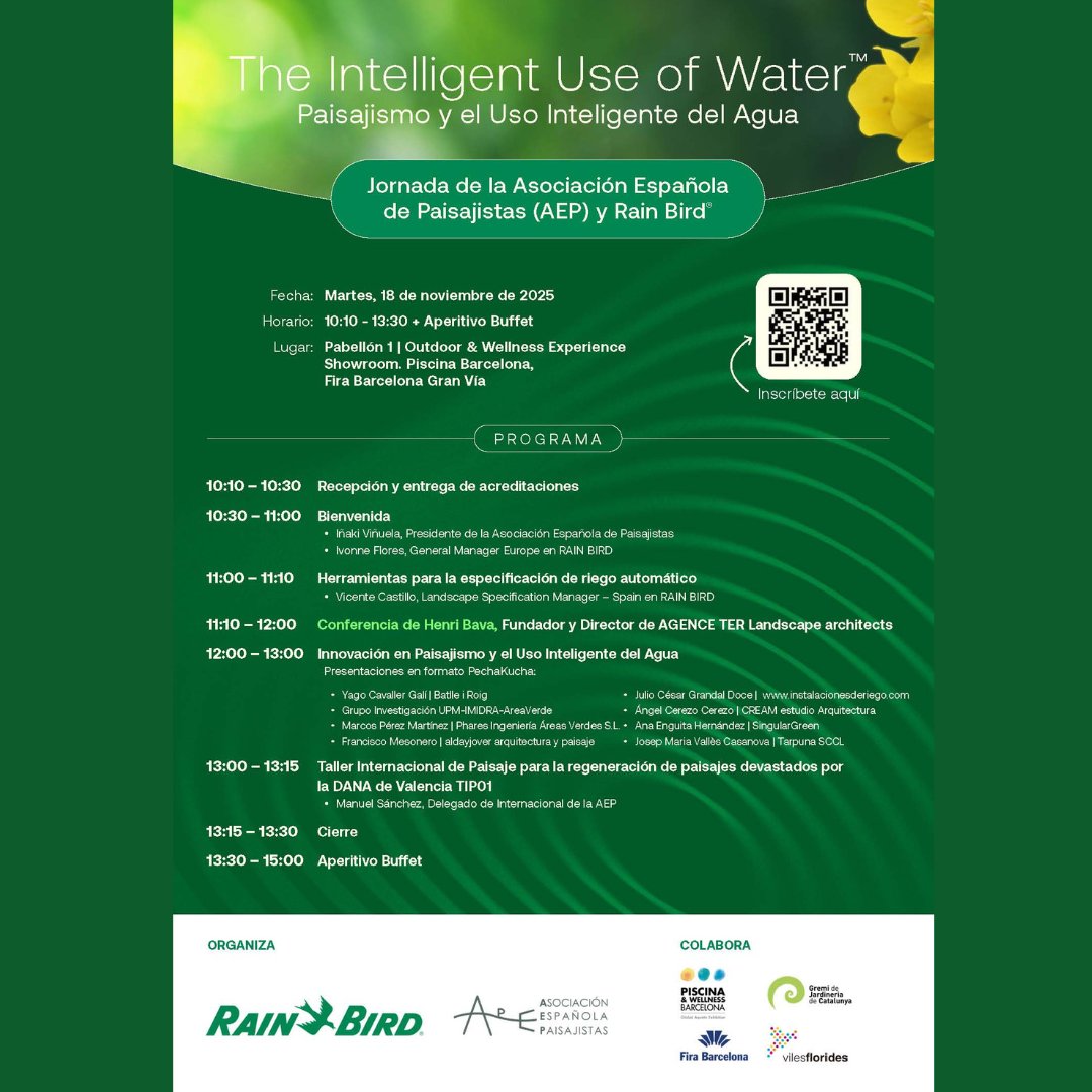 En el marco <a href="/Piscina_BCN/">Piscina Barcelona</a>  2025, tenemos el placer de invitaros, el martes 18 de noviembre , a la Jornada Técnica «Paisajismo y el Uso Inteligente del Agua», organizada por la Asociación Española de Paisajistas (AEP) y Rain Bird. Inscríbete!!!
aepaisajistas.org/paisajismo-y-e…