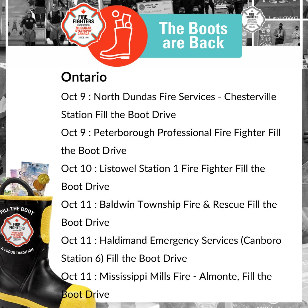 MD_Canada's tweet image. This upcoming long weekend, Fire Fighters are hosting boot drives to raise critical funds and awareness for Muscular Dystrophy Canada. Come #FillTheBoot in your area, and help our Fire Fighter partners make a difference for Canadians affected by #NeuromuscularDisorders.

🔗…