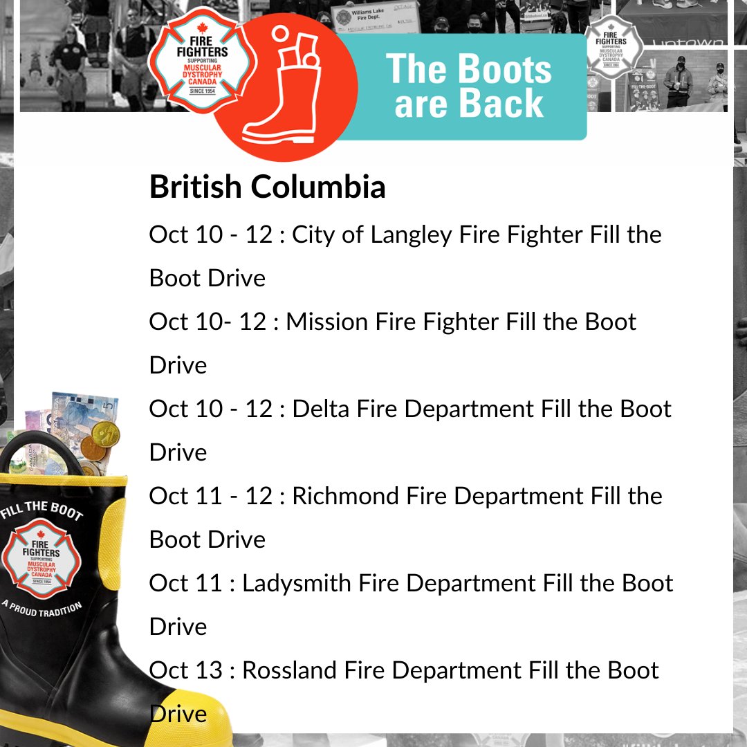 MD_Canada's tweet image. This upcoming long weekend, Fire Fighters are hosting boot drives to raise critical funds and awareness for Muscular Dystrophy Canada. Come #FillTheBoot in your area, and help our Fire Fighter partners make a difference for Canadians affected by #NeuromuscularDisorders.

🔗…