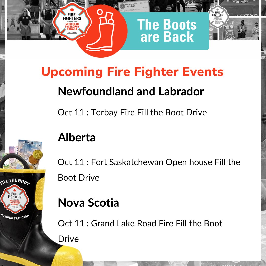 MD_Canada's tweet image. This upcoming long weekend, Fire Fighters are hosting boot drives to raise critical funds and awareness for Muscular Dystrophy Canada. Come #FillTheBoot in your area, and help our Fire Fighter partners make a difference for Canadians affected by #NeuromuscularDisorders.

🔗…