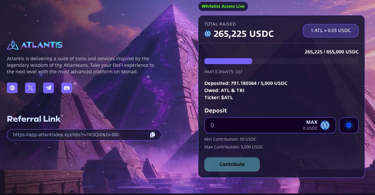 TyrCryptoGod's tweet image. If you can click 3 buttons, you can join the $ATL IDO in &amp;lt;60s:

Connect wallet on Base  2) Approve  3) Deposit (FCFS)
Claim happens on Monad at TGE (25% unlock + vest).
I’m in early; sharing my plan below. Link in reply. #Monad #IDO #AtlantisDEX @RezCloner @B0gatYr094