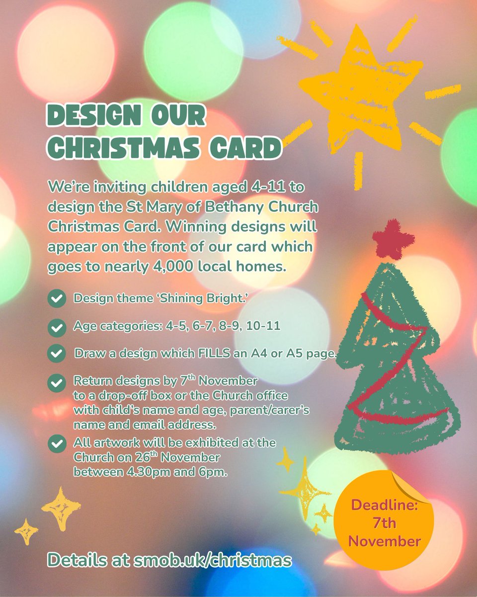 We’re inviting children to design this year's Christmas Card! 

Draw a design which FILLS an A4 or A5 page and return by 7th Nov with child’s name and age, guardian’s name &amp; email address. 

Artwork will be exhibited at the Church on 26th Nov from 4.30pm. smob.uk/Christmas