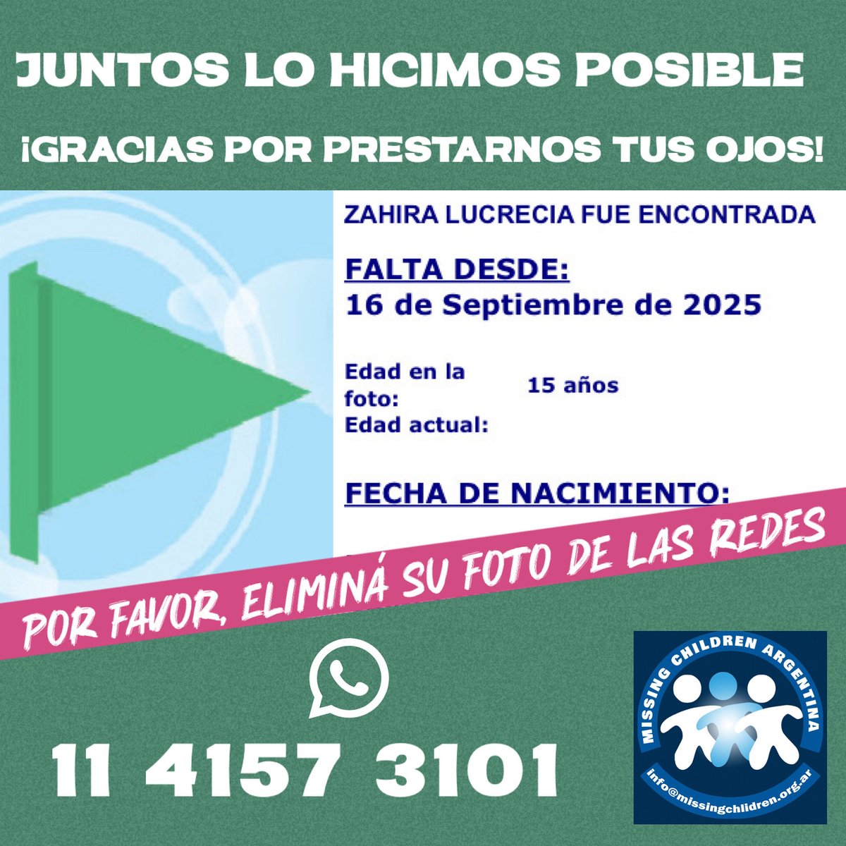 banderablancaMC's tweet photo. Juntos lo hicimos posible 
¡Gracias por prestarnos tus ojos!

#conloschicosno 
#chicosperdidos 
#pormaschicosencontrados 
#missingchildrenarg https://t.co/fvg8uhvaAW