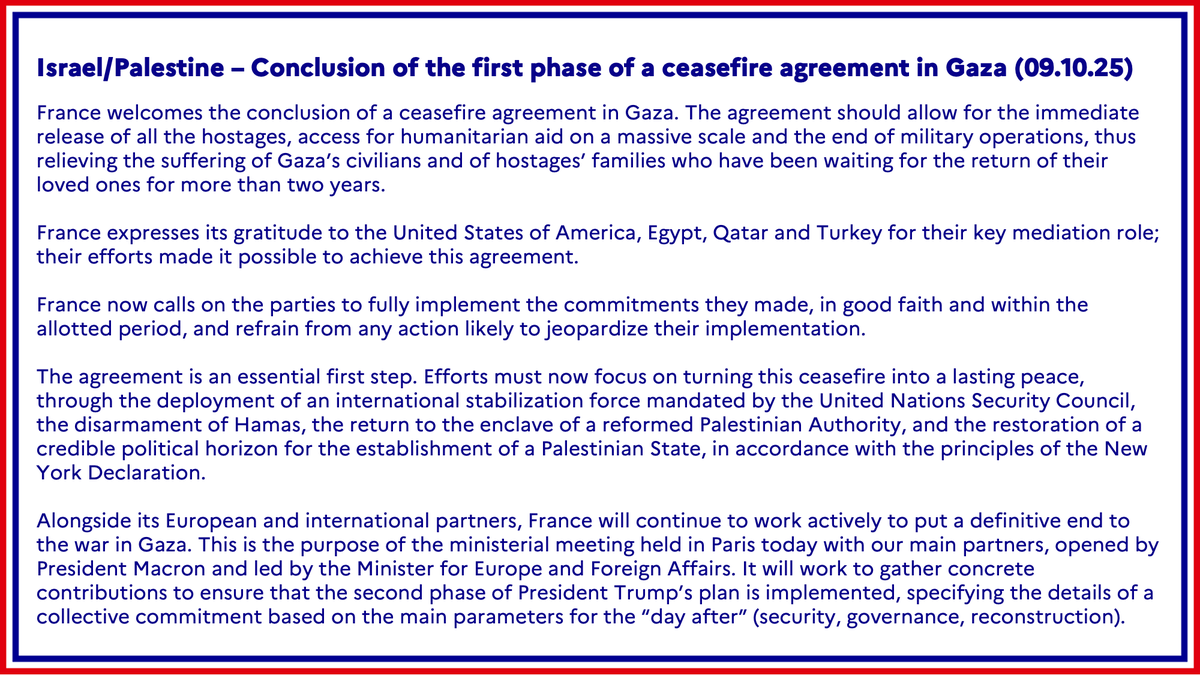 #Israel / #Palestine | France welcomes the conclusion of a ceasefire agreement in Gaza.

➡️ fdip.fr/bmdkhafq
