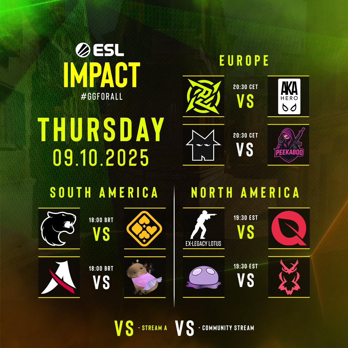 ESLImpact's tweet image. On tonight&apos;s menu we have 12 fine games for your viewing pleasure!

Check out the full #ESLImpact schedule ⤵️