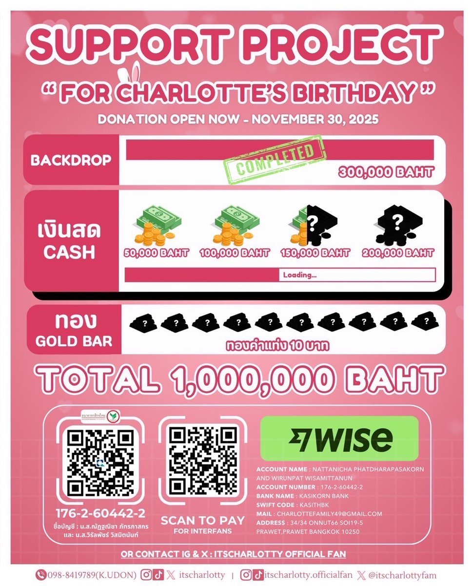 itscharlottyfam's tweet image. ‼️ชาเลนจ์ 30 นาที‼️
ขอยอดคนละ 111 บาท จำนวน 450 สลิป เพื่อยอดชาเลนจ์ 50,000 บาท จะได้ปิดโปรเจ็คที่ 2 ✨
ตอนนี้ทางบ้านกำลังไลฟ์บิ้วยอดอยู่ในไลฟ์นะคะ vt.tiktok.com/ZSH7U7DtpAM3R-…
หมายเหตุ : ใครสะดวกโอนยอดได้มากกว่าที่เราเราตั้งไว้สามารถโยนได้เลยนะคะ
🏦ทุกคนสามารถโดเนทมาได้ที่
ธนาคาร…