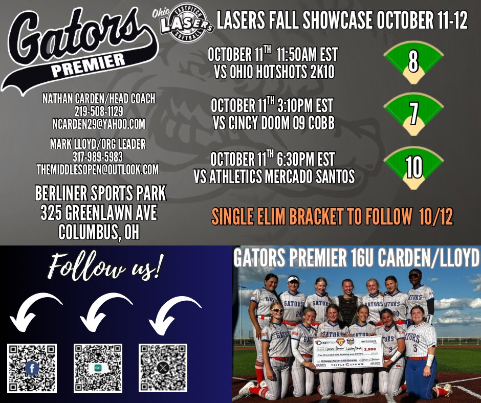 Locked in for the Ohio Lasers Showcase this weekend in Columbus, OH with my Gators Premier 16U squad 🐊🔥

Excited to compete, make plays, and keep proving I can be an asset at the next level 💪<a href="/GatorsPremier09/">Gators Premier 16U Carden</a> <a href="/NIUSoftball/">NIU Softball</a> 
<a href="/HBCUSoftball/">HBCU Softball</a> <a href="/MSPtakeover/">Minority Softball Prospects</a> <a href="/SUsoftball_/">Southern University Softball</a> <a href="/FAMU_Softball/">Florida A&M Softball 🥎</a>