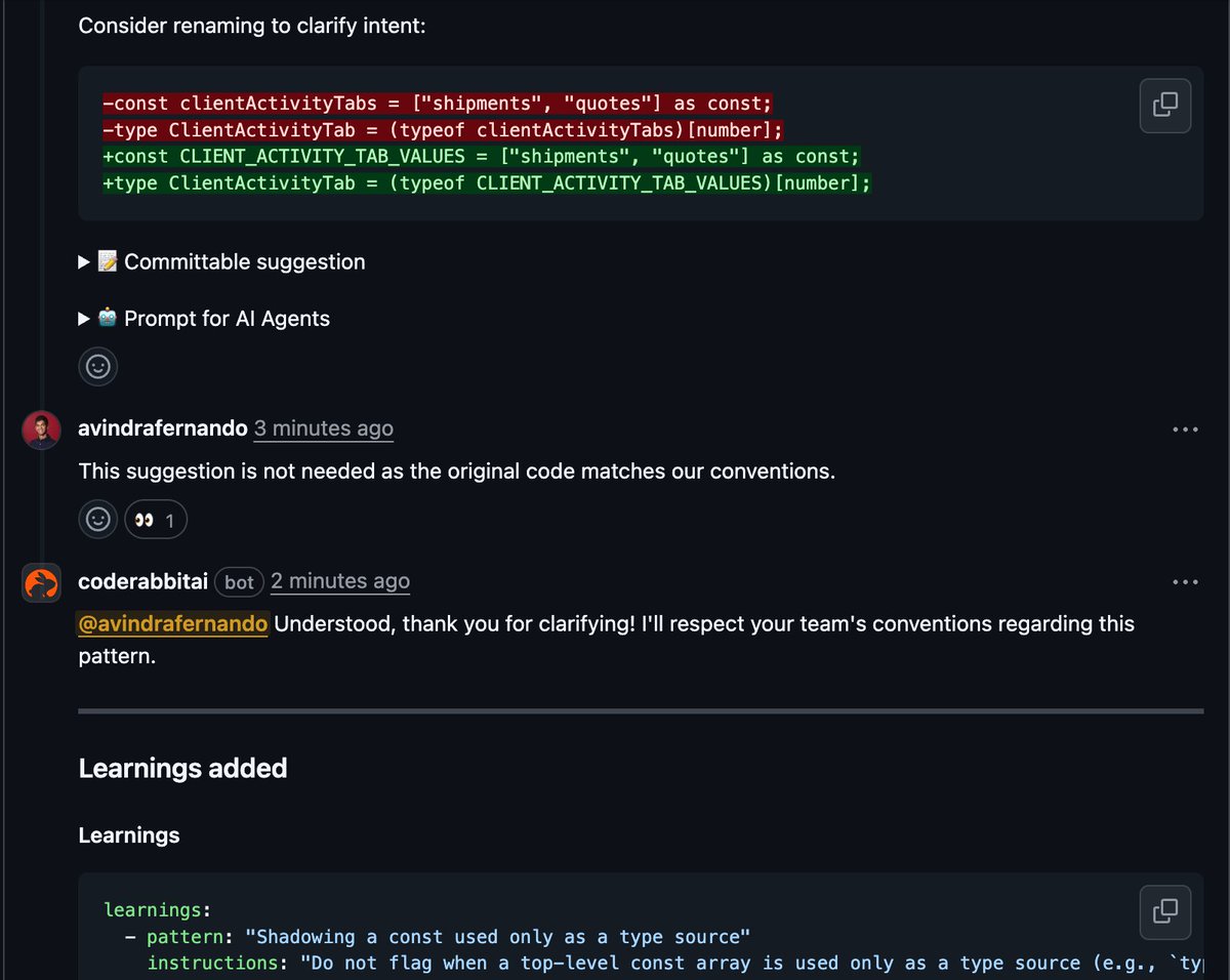 avindrafernando's tweet image. Really like how @coderabbitai actually learns from our feedback.
That alone puts them ahead of most AI code reviewers out there.