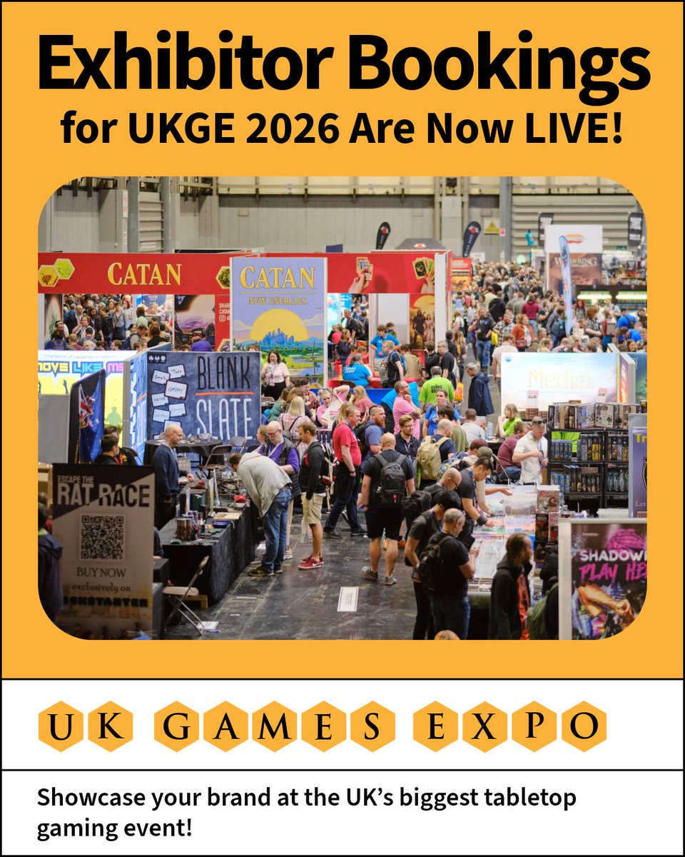 UKGamesExpo's tweet photo. ๐ฃ Exhibitor bookings for UKGE 2026 are officially LIVE!
โ
Head to https://t.co/zuiEFVqUgs
#TabletopGaming #BoardGames #GamesIndustry #Exhibitor #EssenSpiel #TabletopEvents #BoardGamePublisher #GameDesigners #GamingExhibitor https://t.co/aFecdUEXB1