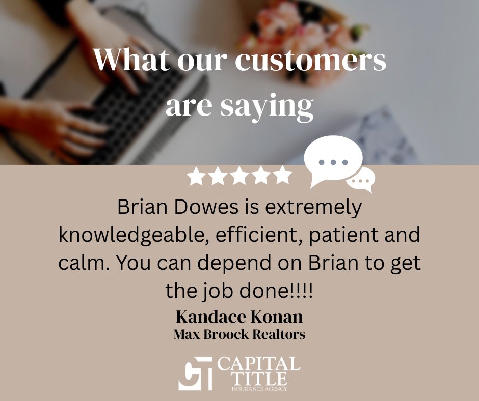 CapitalTitleMI's tweet image. 🎉 It’s #TestimonialThursday and we’re buzzing with excitement! Check out this amazing review about Brian, whose dedication continues to WOW our clients every time! 🌟🙌
#ClientSatisfaction #WowFactor #ClientTestimonials #TitleInsurance
