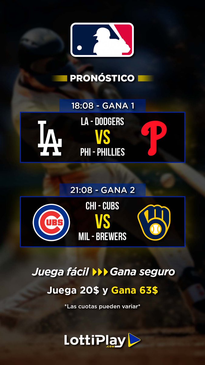 ¡Atención, fanáticos de la #MLB! ⚾️🔥

Les traemos el pronóstico ganador de hoy:

⭐️ Dodgers a ganar
⭐️ Brewers a ganar

¿Listo para la acción? ¡Juega $20 y podrías ganar $63! 💰

🔗 Apuesta aquí: lottiplay.com 

#LottiPlay #Beisbol #ApuestasDeportivas #Dodgers #Brewers