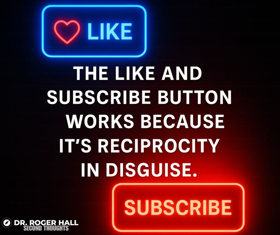 DoctorRogerHall's tweet image. “Like &amp;amp; subscribe” isn’t just a button, it’s reciprocity in disguise.
See why → youtu.be/AzMLSFJBgHs

#SocialMedia #Psychology #Reciprocity