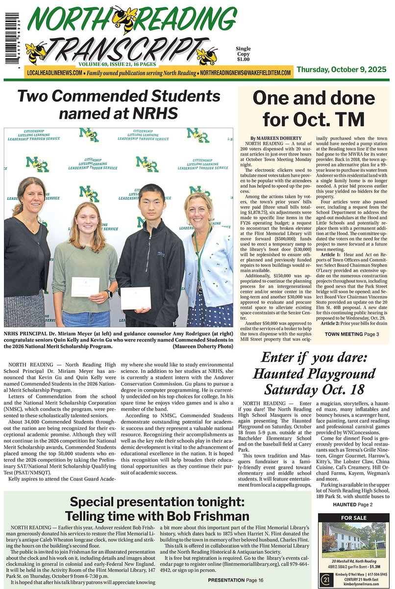 nrtranscript's tweet image. Front Page published October 9, 2025 localheadlinenews.com/north-reading-… #nrtranscript #NorthReadingMA
