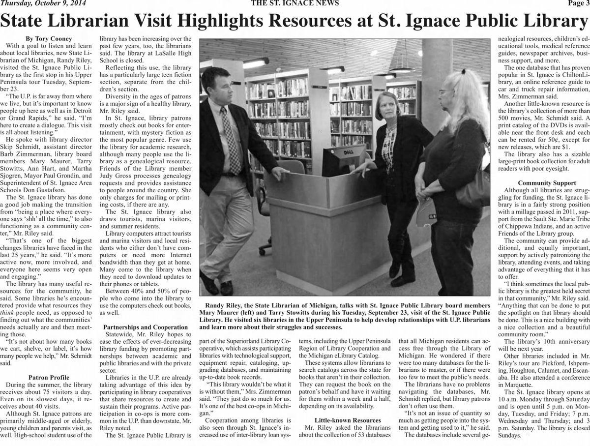 LibraryofMich's tweet image. #ThrowbackThursday Randy Riley visiting St. Ignace Public Library while touring #UpperPeninsual #MiLibraries after being appointed #MiStateLibrarian in 2014. 
📰: 10/9/2014 The St. Ignace News p. 3