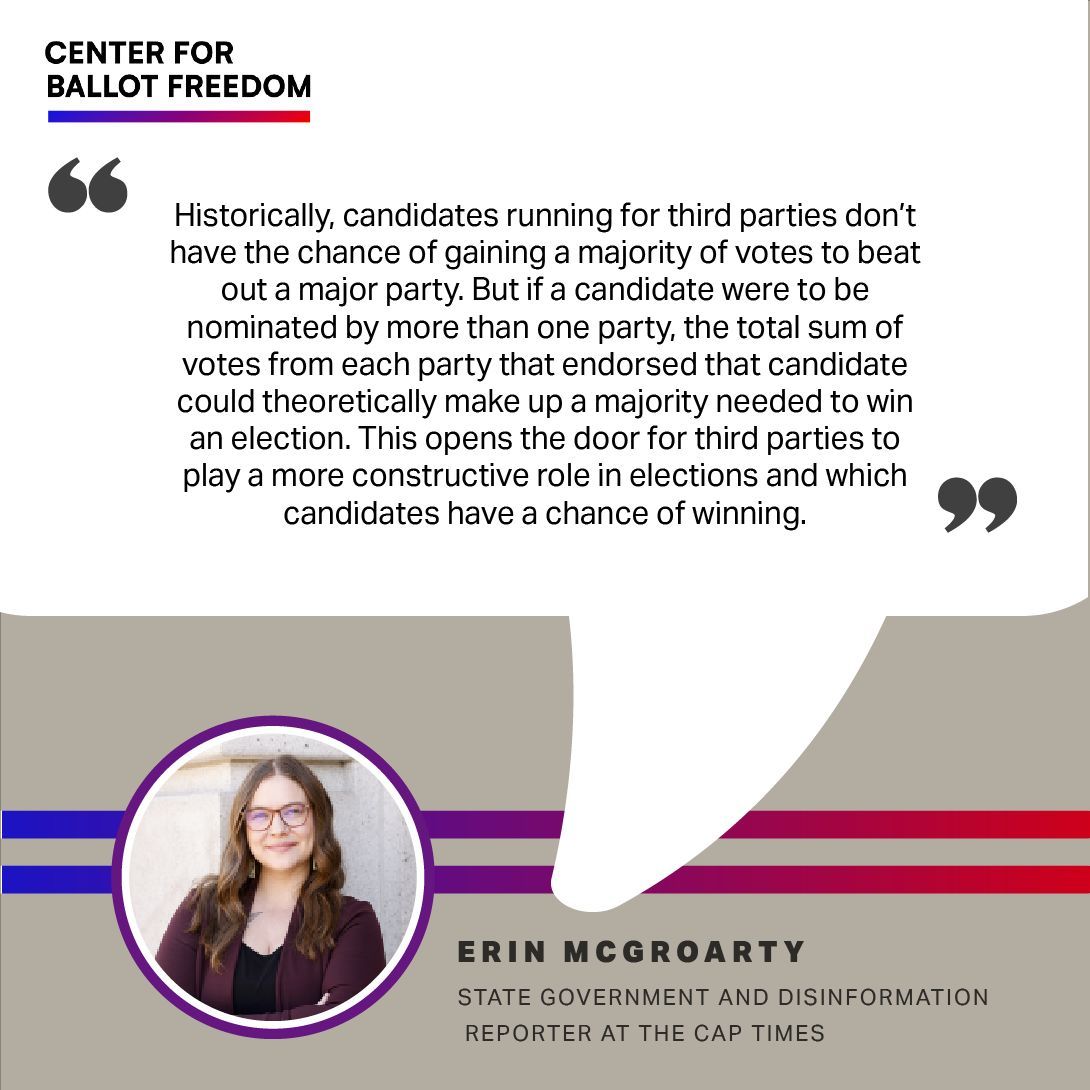 Center for Ballot Freedom (@fusionvoting) on Twitter photo Historically, #ThirdParty candidates can’t win outright. But with #FusionVoting, endorsements from multiple parties combine—giving candidates a real shot & allowing 3rd parties to play a constructive role in shaping elections. 🗳️✨ #ElectionReform <a href="/CapTimes/">The Capital Times</a> @elmcgroart Historically, #ThirdParty candidates can’t win outright. But with #FusionVoting, endorsements from multiple parties combine—giving candidates a real shot & allowing 3rd parties to play a constructive role in shaping elections. 🗳️✨ #ElectionReform <a href="/CapTimes/">The Capital Times</a> @elmcgroart