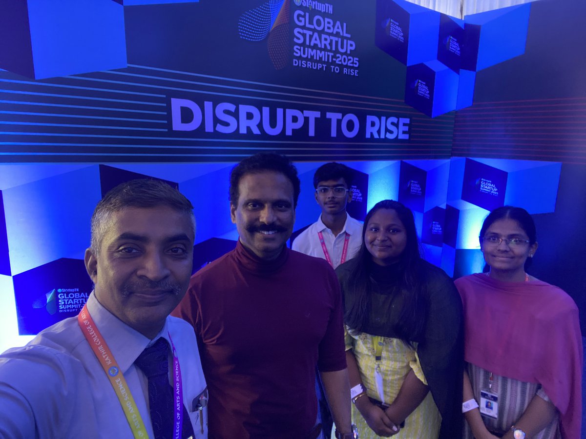drsaravanan_p's tweet photo. 32 students from BBA (CA), Kathir College of Arts and Science, interacted with global leaders at Startup TN Global Startup Summit 2025. They gained deep insights on innovation, startups &amp; global business from icons like Sunder Sambandam, Dongyoung Kim, Ghanim Al Falasi, &amp; Pheong. https://t.co/3DeHqvmA2S