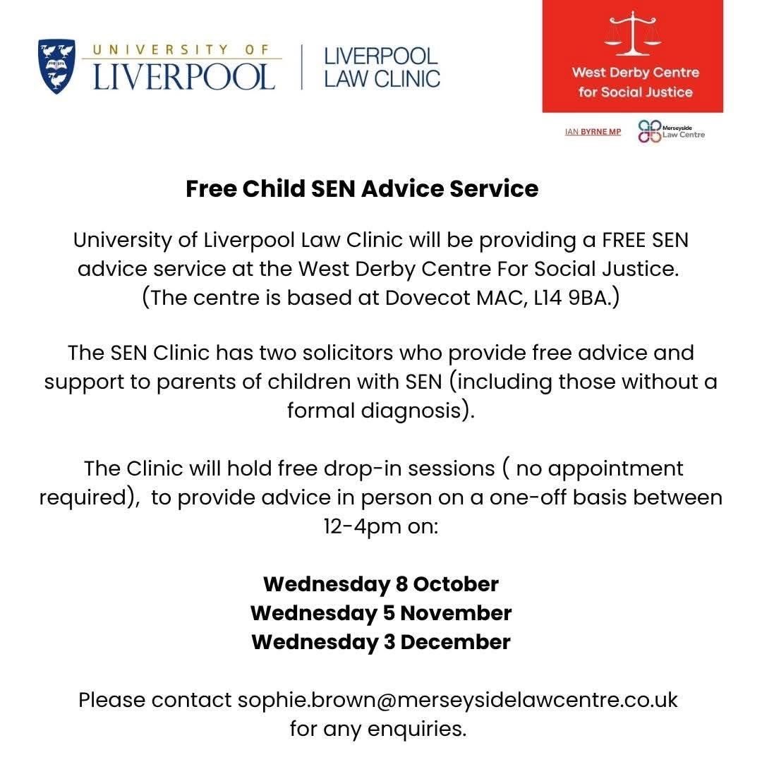Please see our link up with University of Liverpool Law Clinic offering free child SEN advice service at our  #WestDerbyCentreForSocialJustice 
#AccessToJustice ⚖️