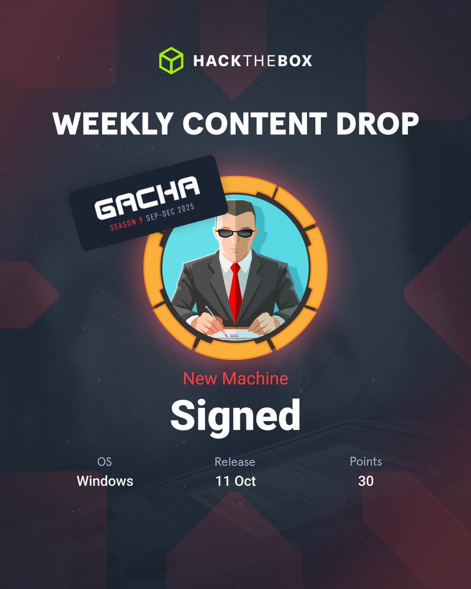 Don't get caught off guard 🤫
Prepare for the brand-new pieces of content coming to the #HackTheBox platforms this week!
🔴 Bamboo, a migrated #Vulnlab Machine created by xct
🔴 Breach, a migrated #Vulnlab Machine created by xct
🔵 Caught, a Sherlock created by zachwong
🔴