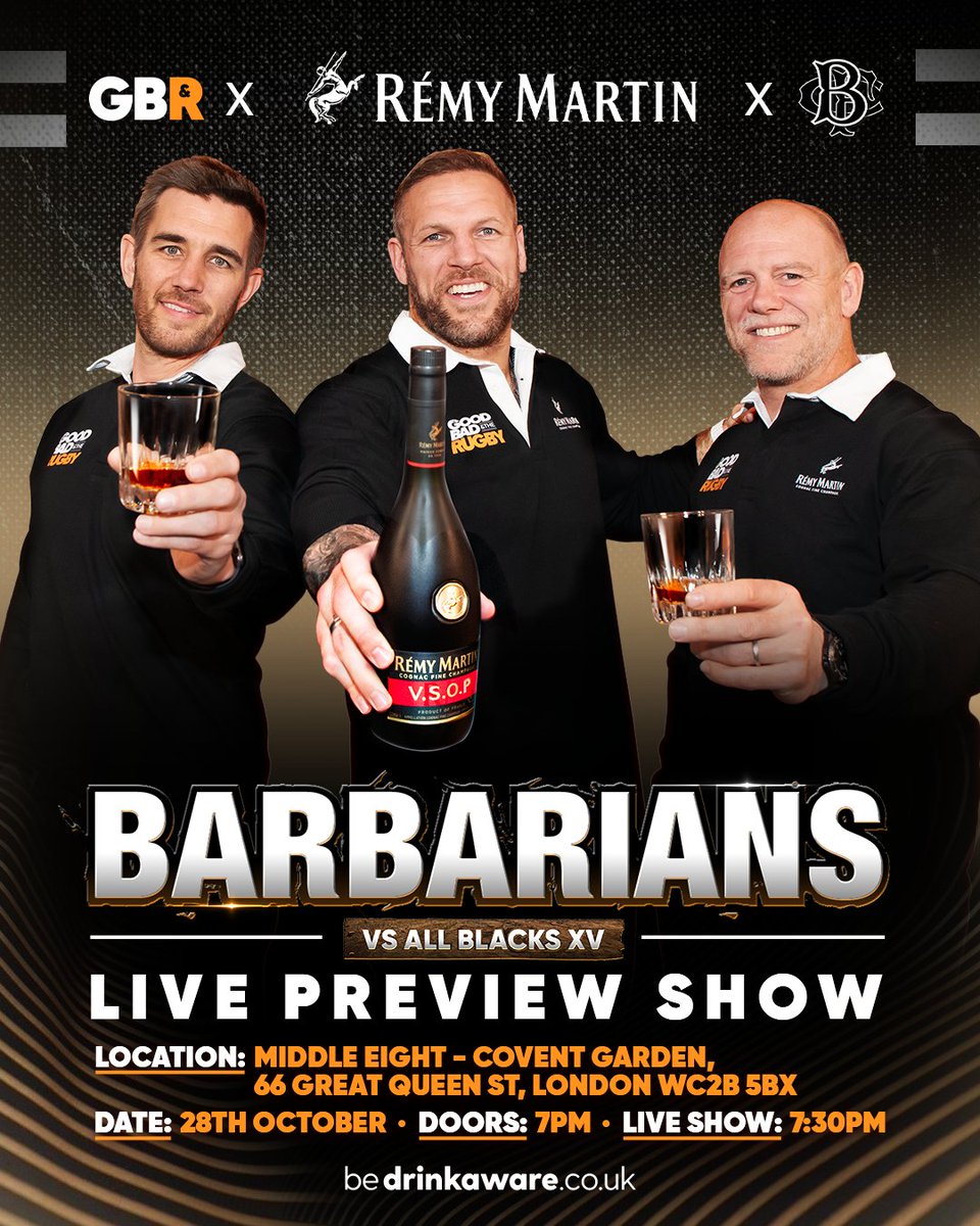 GoodBadRugby's tweet image. An evening with the BaaBaas and Rémy Martin VSOP cocktails! ⚫⚪🔥

🎟️  Enjoy complimentary Rémy Martin cognac cocktails included with your ticket for just £25! 

Age Restriction: 18+ only. Entry will be refused without a valid physical photo ID.

#Barbarians #DrinkResponsibly