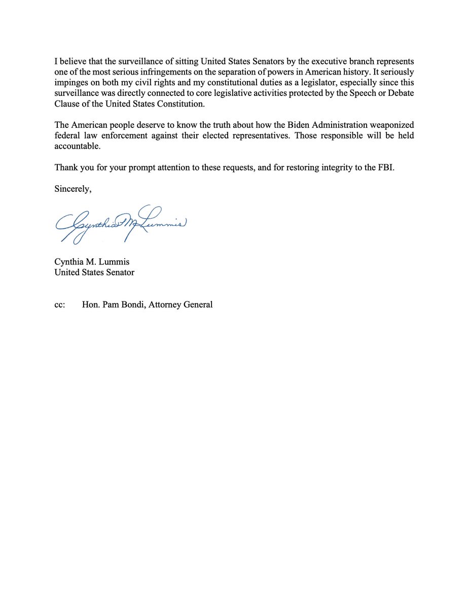 SenLummis's tweet image. This unconstitutional violation of civil liberties should unnerve every American, and I am demanding answers about why the Biden FBI spied on me and my fellow Republican Senators.

Thank you to @FBIDirectorKash and @POTUS for restoring dignity and rule of law to the FBI.