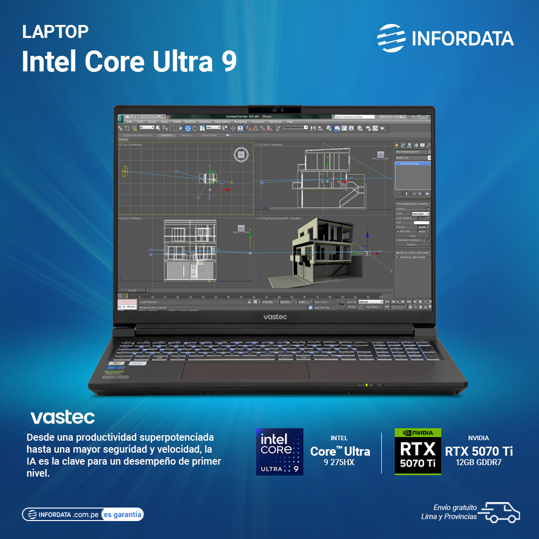 Infordata's tweet image. Laptop #Vastec Intel® Core™ Ultra 9 + RTX™ 5070 Ti
Potencia, IA y velocidad para profesionales que no se detienen.
👉Conócela aquí acortar.link/sDuKNi
Envío gratis a todo Lima y provincias.
#LaptopProfesional #IntelCoreUltra9 #RTX5070Ti #Tecnología #inteligenciaartificial