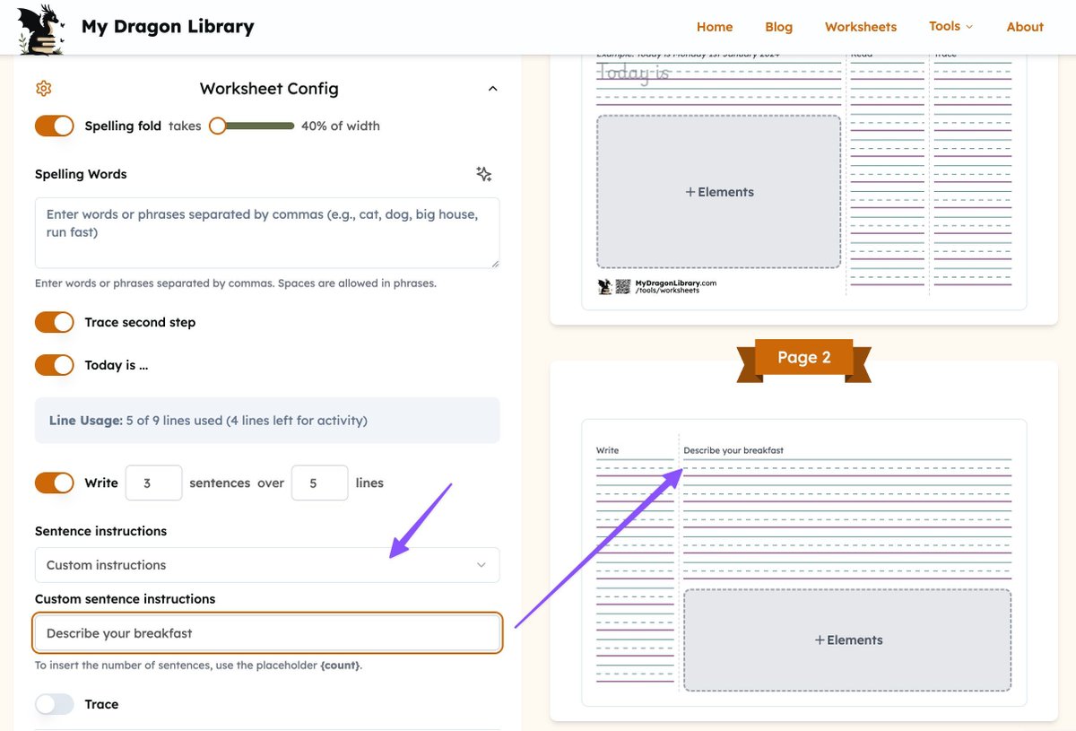 mydragonlibrary's tweet image. Worksheet update! The kids do love to insist on following the instructions exactly and when asked to write something else (or god forbid more!) they turn into lawyers. Now the text is editable directly in the worksheet creator for each new sheet. :) #devlog #customWorksheets