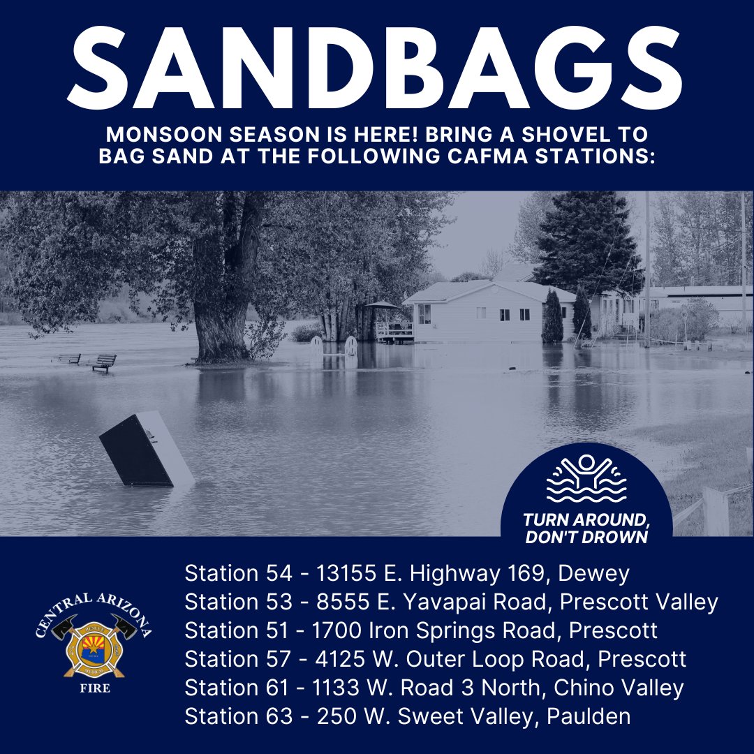 centralazfire's tweet image. Are you prepared for flooding? Yavapai County provides sand and sandbags for several of our fire stations - all you need to bring is a shovel! For additional County locations and information, visit yavapaiready.gov/sandbags #AZWX #YavapaiCounty #TurnAroundDontDrown