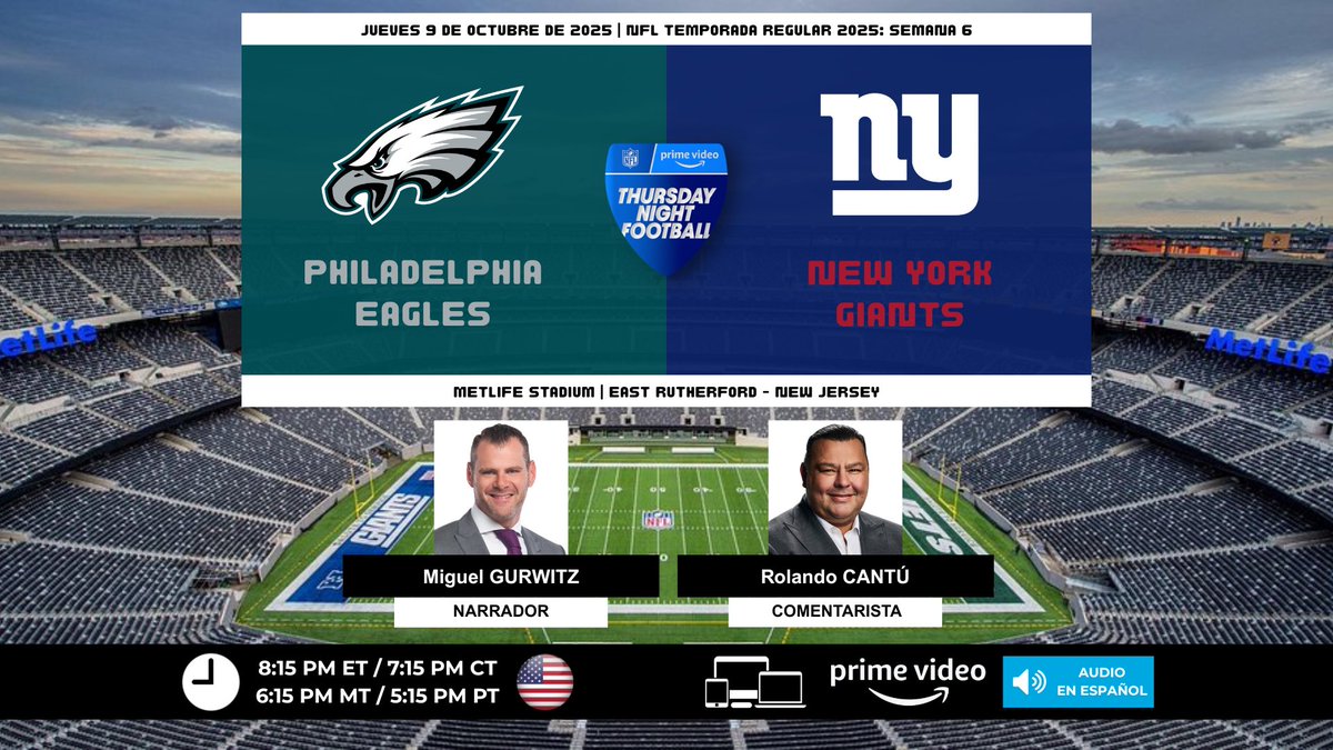 ProgramacionUS's tweet photo. 🏈 #NFL 🇺🇸 | @Eagles vs. @Giants
🎙️Narrador: @Miguel_Gurwitz
🎙️Comentarista: @RolandoRCantu
💻📱@PrimeVideo - Audio en Español 🇺🇸
#️⃣ #TNFenPrime - #PHIvsNYG https://t.co/PeaXmIvBFq