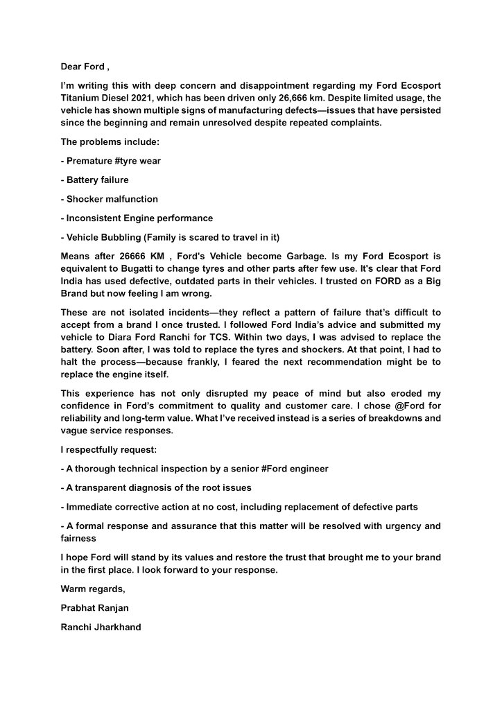 DiscussHumanity's tweet image. I trusted @Ford as a symbol of American reliability.But #FordIndia broke that trust—sold me a defective EcoSport with a faulty BS6 engine, poor performance,and substandard parts.I’ve been raising complaints since day one. No resolution. No responsibility. Is this how #FORD treats