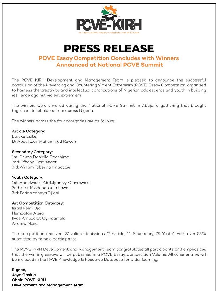 The PCVE National Competitions are complete! 🎉
From essays 🖊️ to art 🎨, Nigerian youth showcased brilliance in building peace.

💡 97 entries
👩🏽 53% from female participants
📚 Winners featured in PCVE Volume + PAVE Database

👏 Congrats to all!
#PCVE #PeaceBuilding