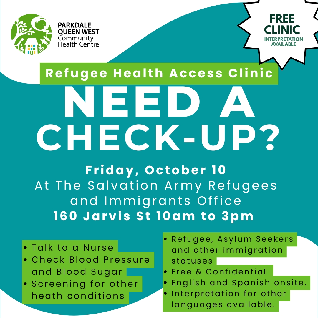 #PQWCHC Refugee Health Access Clinic This Friday Oct 10, 10 AM – 3 PM at 160 Jarvis St
Talk to a Nurse: Blood pressure &amp; blood sugar
Screening for other health conditions
English &amp; Spanish onsite
Other Interpretation available
#CommunityHealth #RefugeeSupport
#AsylumSeekers
