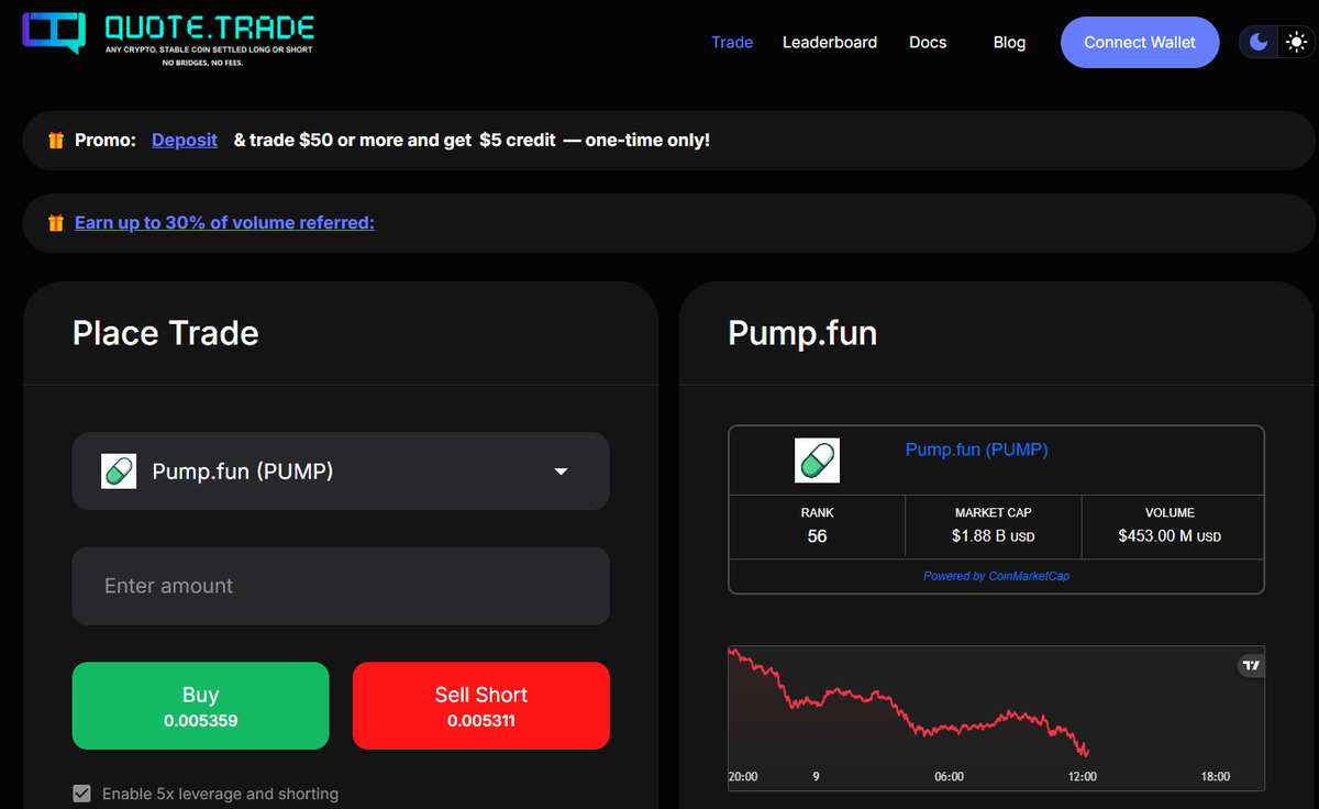 Trade Pump.Fun long or short on Quote.Trade with your phone or open source bot!